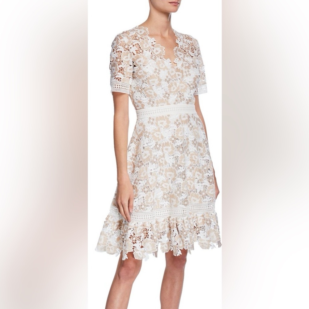 Shoshanna NWT Toscana v neck lace tan and white dress size 4